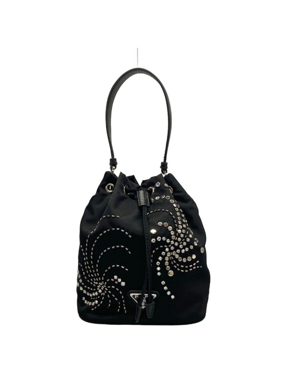 Prada Handbag Black Drawstring Rhinestone Beads Studs Re-Nylon Leather